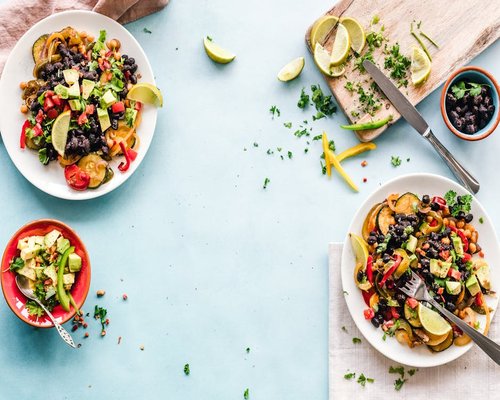Healthy Mexican food plate with beans and vegetables