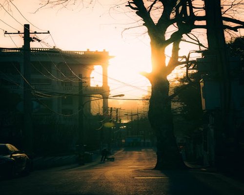 Morning sunrise over a quiet street