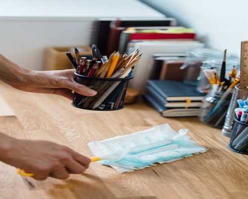 Organizing a clean desk workspace