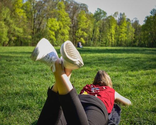 A person stretching outdoors in a green park